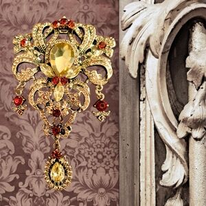 Amber And Champagne Rhinestone Medallion Brooch